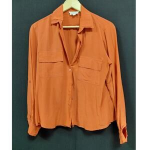 THE BIRDS Blouse Orange Solid Long Sleeve 100% Silk Women Size 12